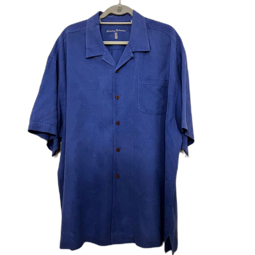 Tommy Bahama 100% Silk Slate Blue Embossed Men's Button Down Shirt Size 2XL